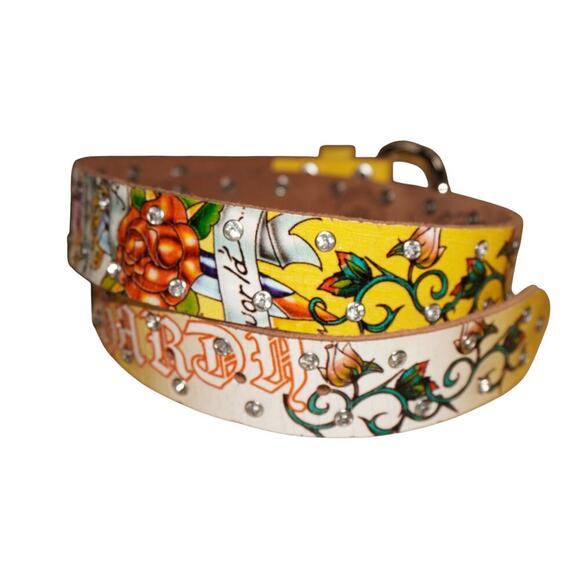 Ed Hardy by Christian Audigier Tattoo Graphic Studded Leather Belt Size L - Picture 7 of 9